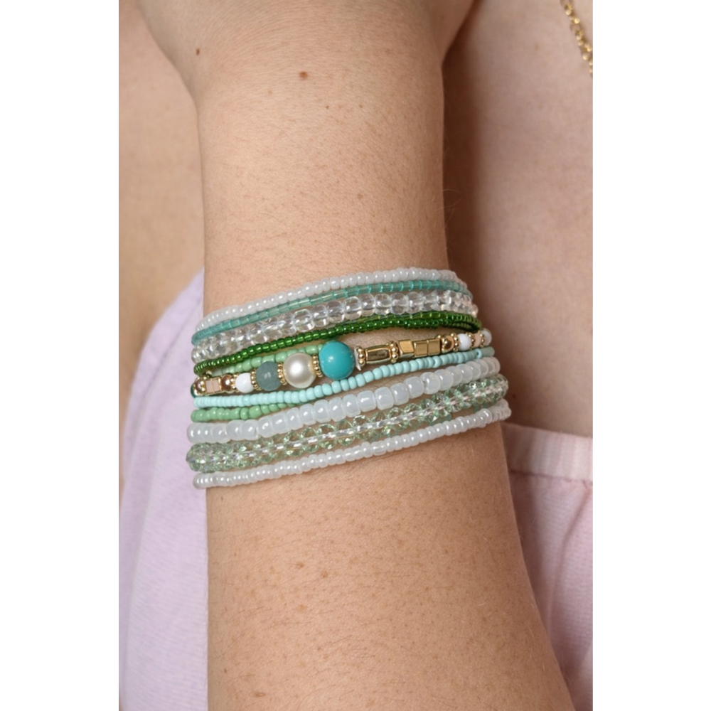Boho Green‎ Beaded Bracelet Stack Set Stretch Bracelets Coastal Summer Jewelry